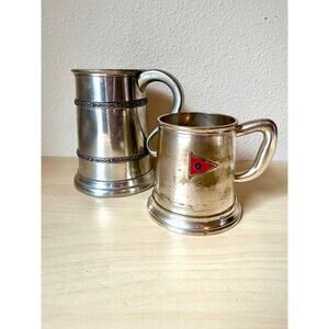 2 Vtg Nautical & Pewter Tankards Engraved "1st Crew" Silver Plate Cup & Celtic